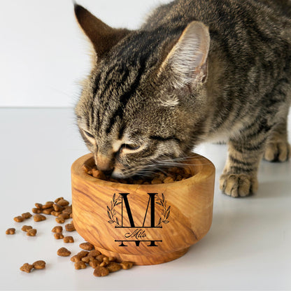 Personalized Olive Wood Pet Bowl | Handmade Cat - Small Dog Feeder | 10 cm & 12 cm