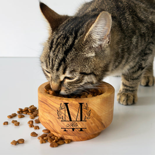 Personalized Olive Wood Pet Bowl | Handmade Cat - Small Dog Feeder | 10 cm & 12 cm