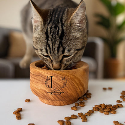 Personalized Olive Wood Pet Bowl | Handmade Cat - Small Dog Feeder | 10 cm & 12 cm