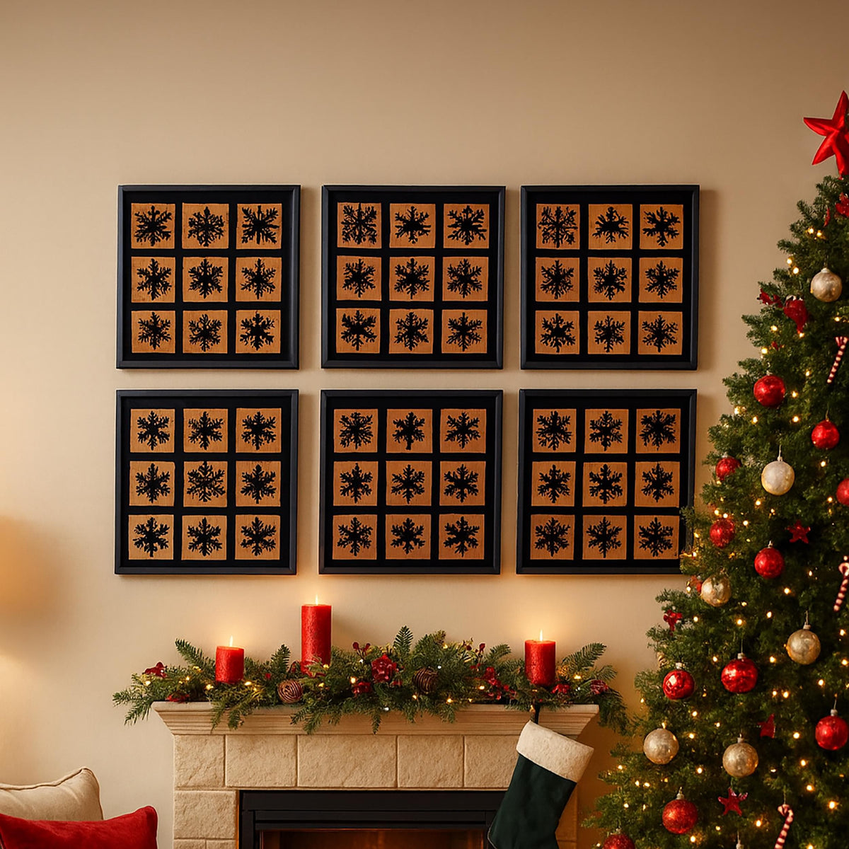Snowflake Olive Wood Wall Art – 40x40cm Metal Frame Panel – Christmas Decorations