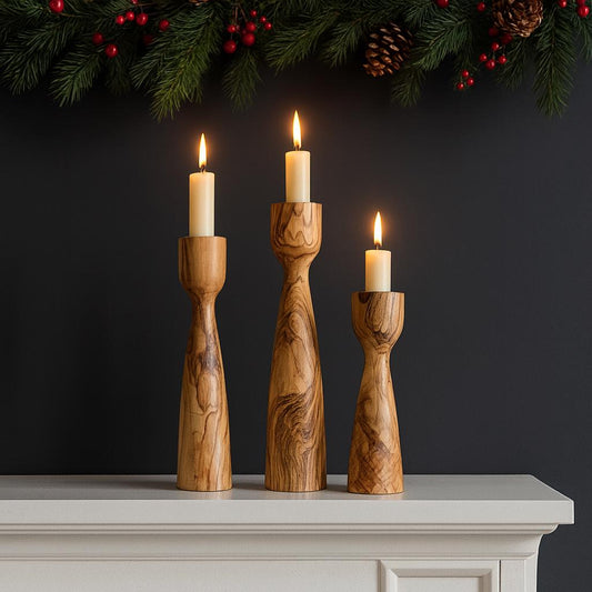 Handmade Olive Wood Candlestick Set | Wooden Holiday Decor