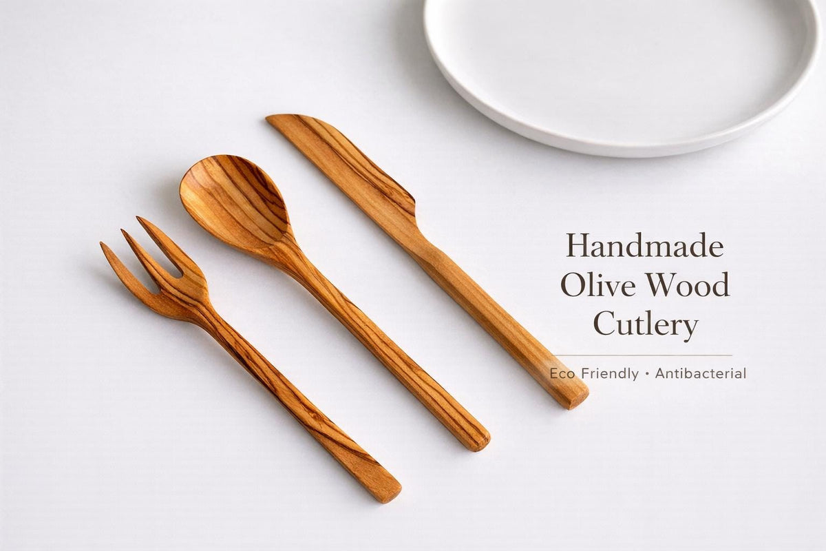 Handmade Olive Wood Cutlery Set – Antibacterial Wooden Spoon, Fork & Knife