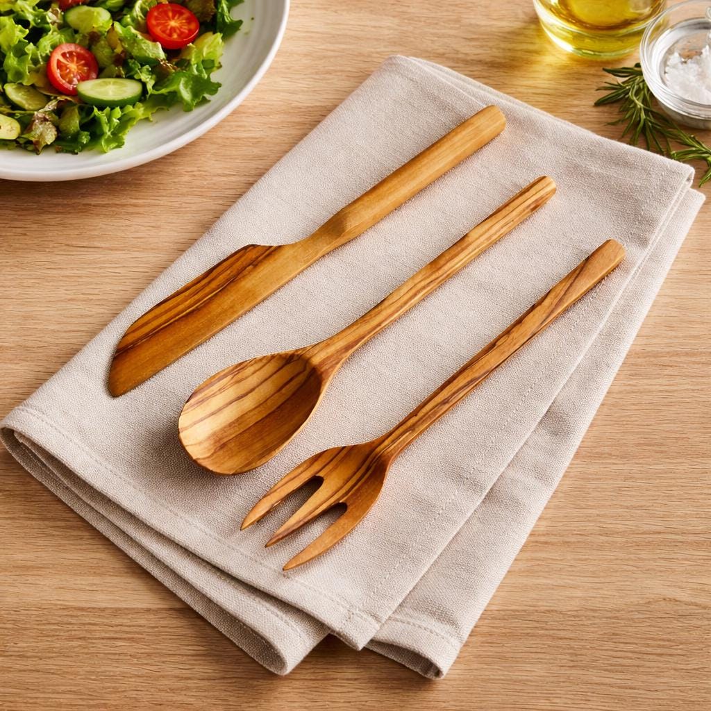 Handmade Olive Wood Cutlery Set – Antibacterial Wooden Spoon, Fork & Knife