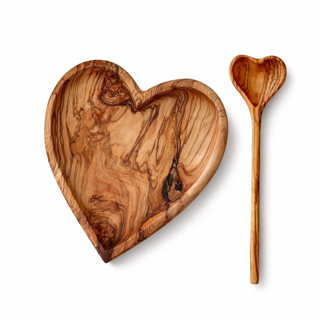 Heart Shaped Olive Wood Plate & Spoon Set – Handmade Natural Wooden Serving Dish – Valentine Gift