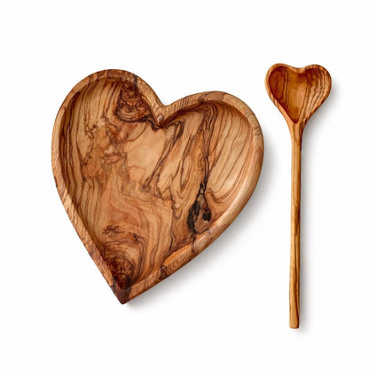 Heart Shaped Olive Wood Plate & Spoon Set – Handmade Natural Wooden Serving Dish – Valentine Gift