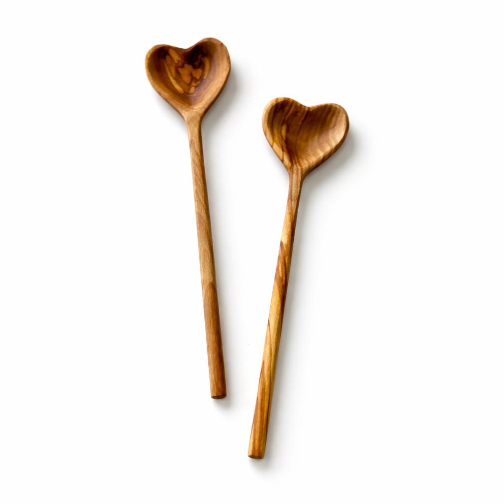 Heart Shaped Olive Wood Plate & Spoon Set – Handmade Natural Wooden Serving Dish – Valentine Gift