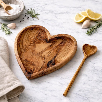 Heart Shaped Olive Wood Plate & Spoon Set – Handmade Natural Wooden Serving Dish – Valentine Gift