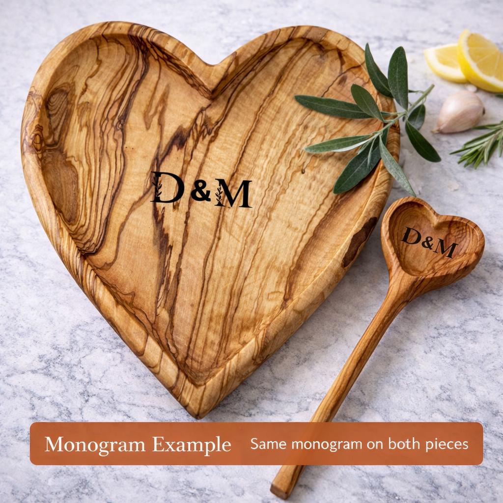 Heart Shaped Olive Wood Plate & Spoon Set – Handmade Natural Wooden Serving Dish – Valentine Gift
