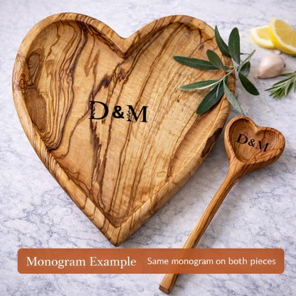 Heart Shaped Olive Wood Plate & Spoon Set – Handmade Natural Wooden Serving Dish – Valentine Gift