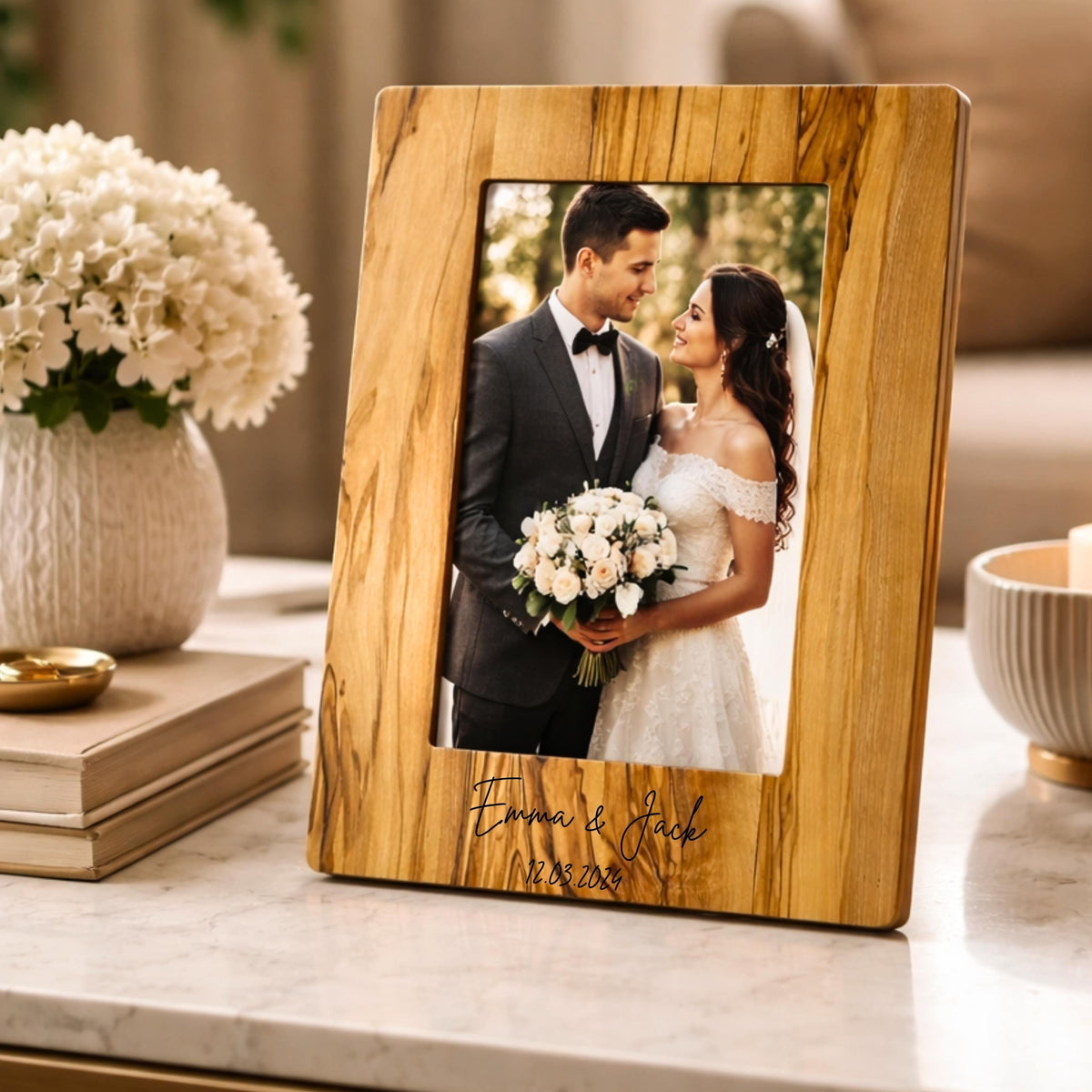 Personalized Olive Wood Photo Frame, Custom Engraved Wooden Frame,  Wedding Gift, Desk Decor