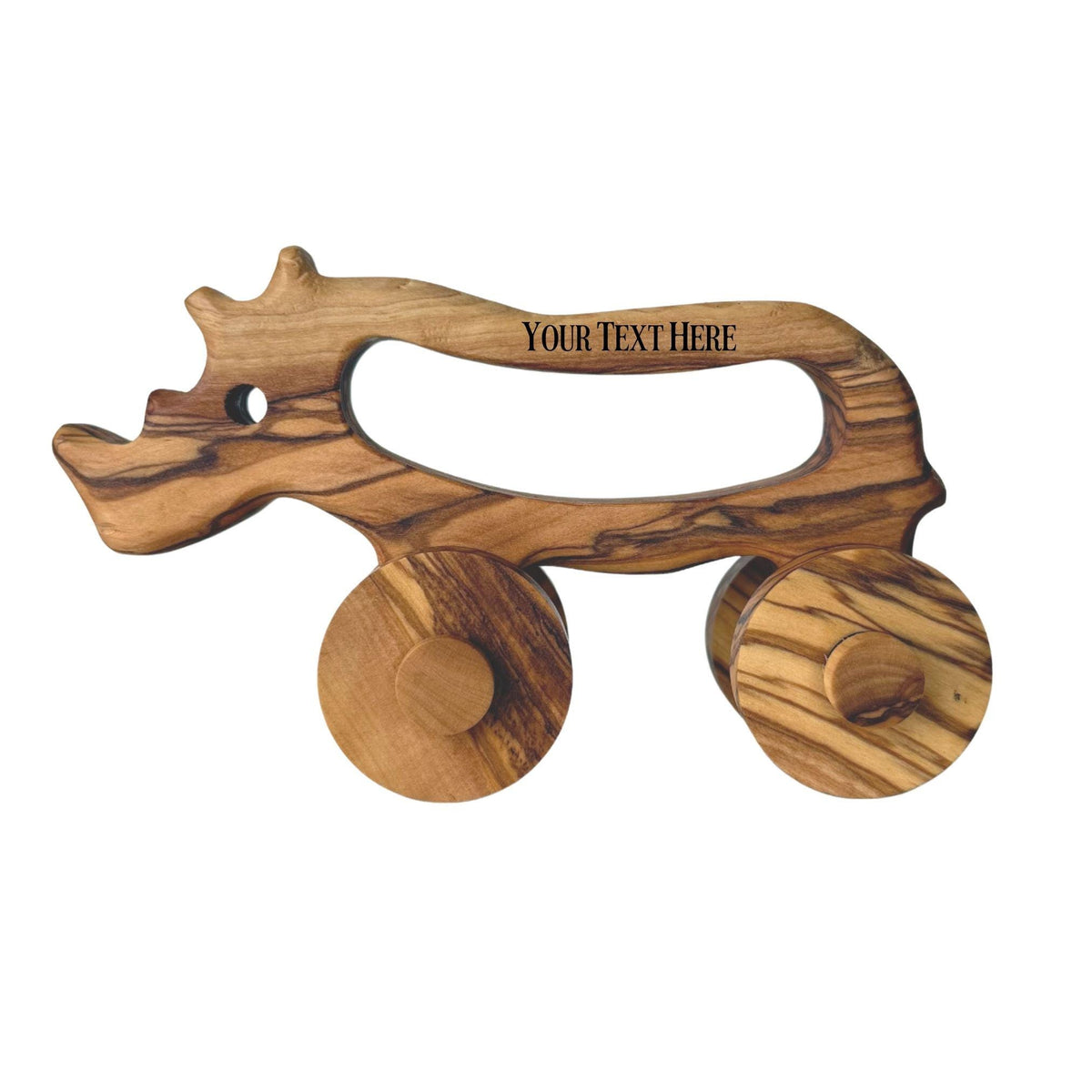 Personalized Olive Wood Toy Rhino, Natural Safe Baby Toy