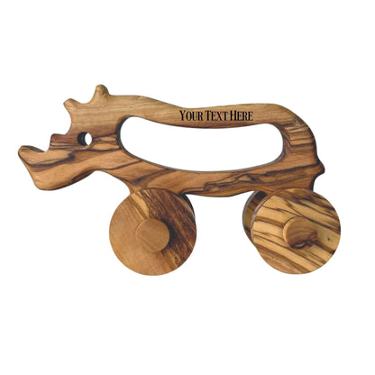 Personalized Olive Wood Toy Rhino, Natural Safe Baby Toy