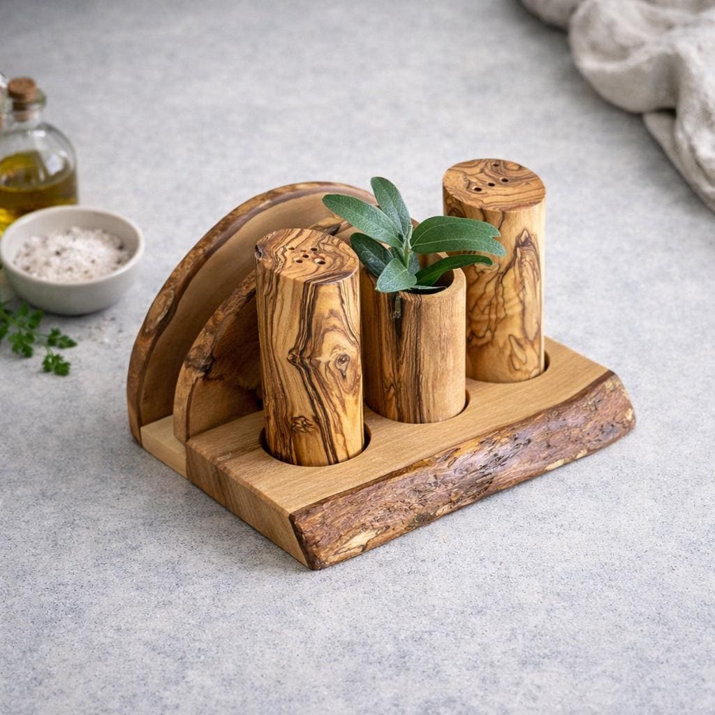 Olive Wood Salt and Pepper Shaker with Napkin Holder | Natural Wooden Table Set