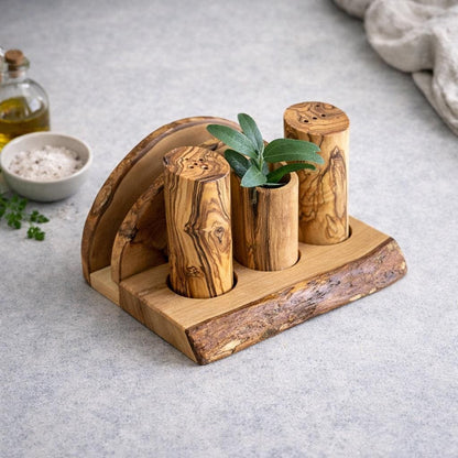 Olive Wood Salt and Pepper Shaker with Napkin Holder | Natural Wooden Table Set