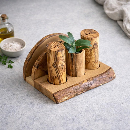 Salière et poivrière en bois d'olivier avec porte-serviettes | Ensemble de table en bois naturel