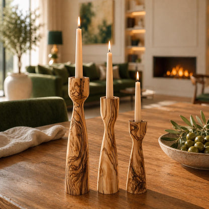 Handmade Olive Wood Candlestick Set | Wooden Holiday Decor