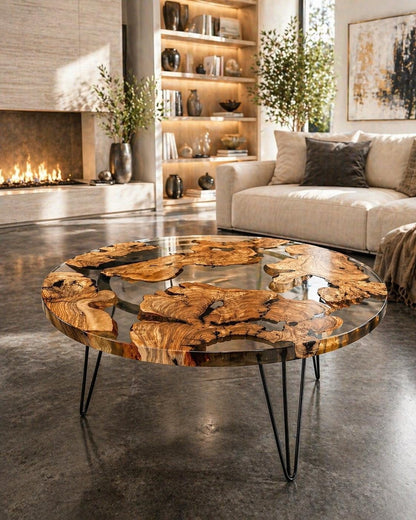 Handmade Clear Epoxy Resin Coffee Table | Olive Wood Inlay