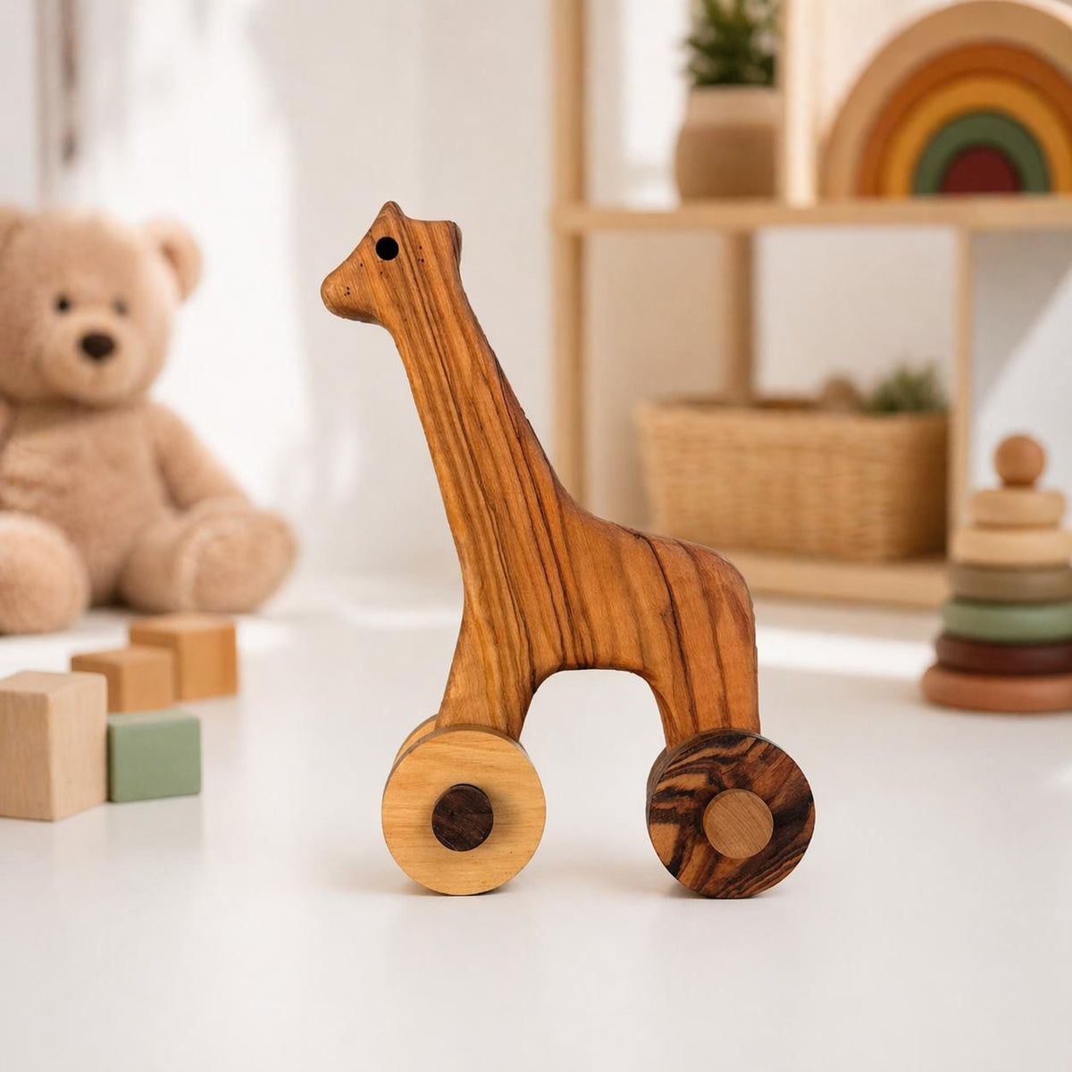 Handmade Olive Wood Giraffe Toy, Organic Wooden Toy
