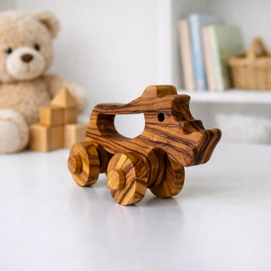 Personalized Olive Wood Toy Rhino, Natural Safe Baby Toy