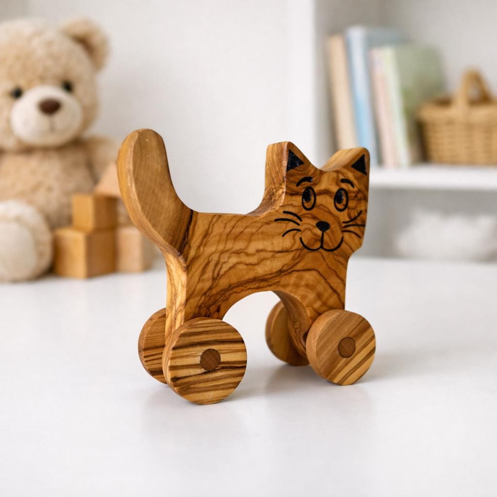 Personalized Olive Wood Cat Toy, Handmade Wooden Toy