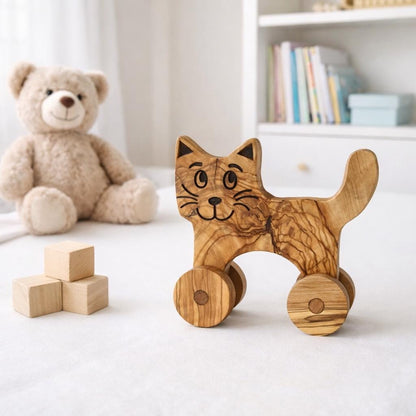 Personalized Olive Wood Cat Toy, Handmade Wooden Toy