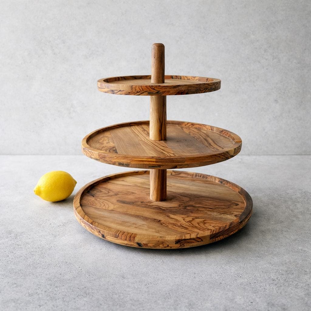 Handmade Olive Wood 3 Tier Serving Stand, Rustic Dessert Tower