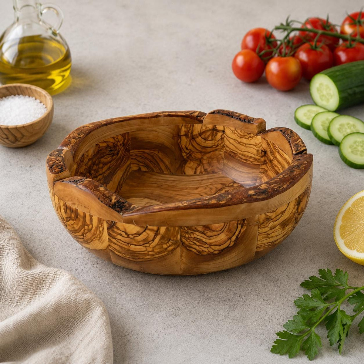 Handcrafted Olive Wood Bowl – Natural Form Rustic Serving Centerpiece – Mediterranean Kitchen Decor