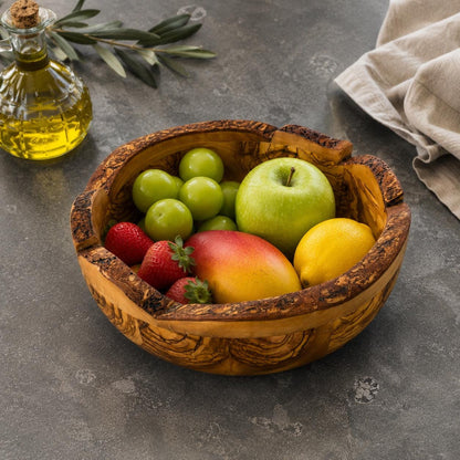Handcrafted Olive Wood Bowl – Natural Form Rustic Serving Centerpiece – Mediterranean Kitchen Decor