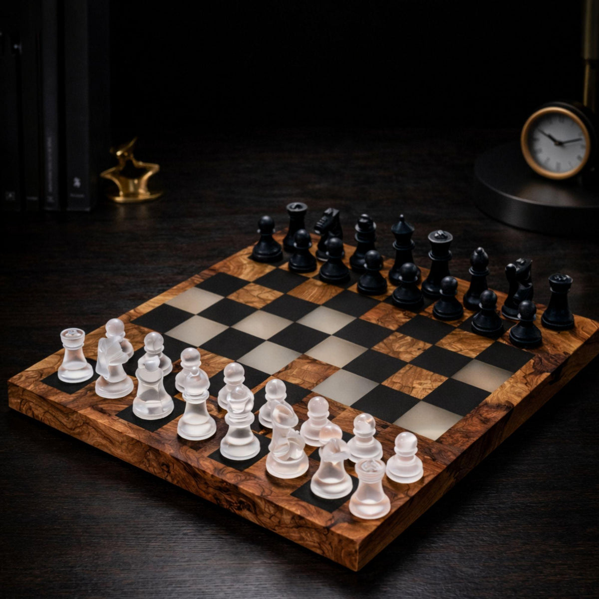 Handcrafted Olive Wood Chess Set with Black Epoxy Resin | Luxury Wooden Chess Board
