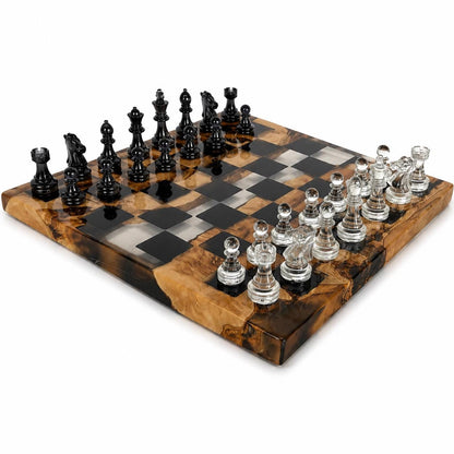 Handcrafted Olive Wood Chess Set with Black Epoxy Resin | Luxury Wooden Chess Board