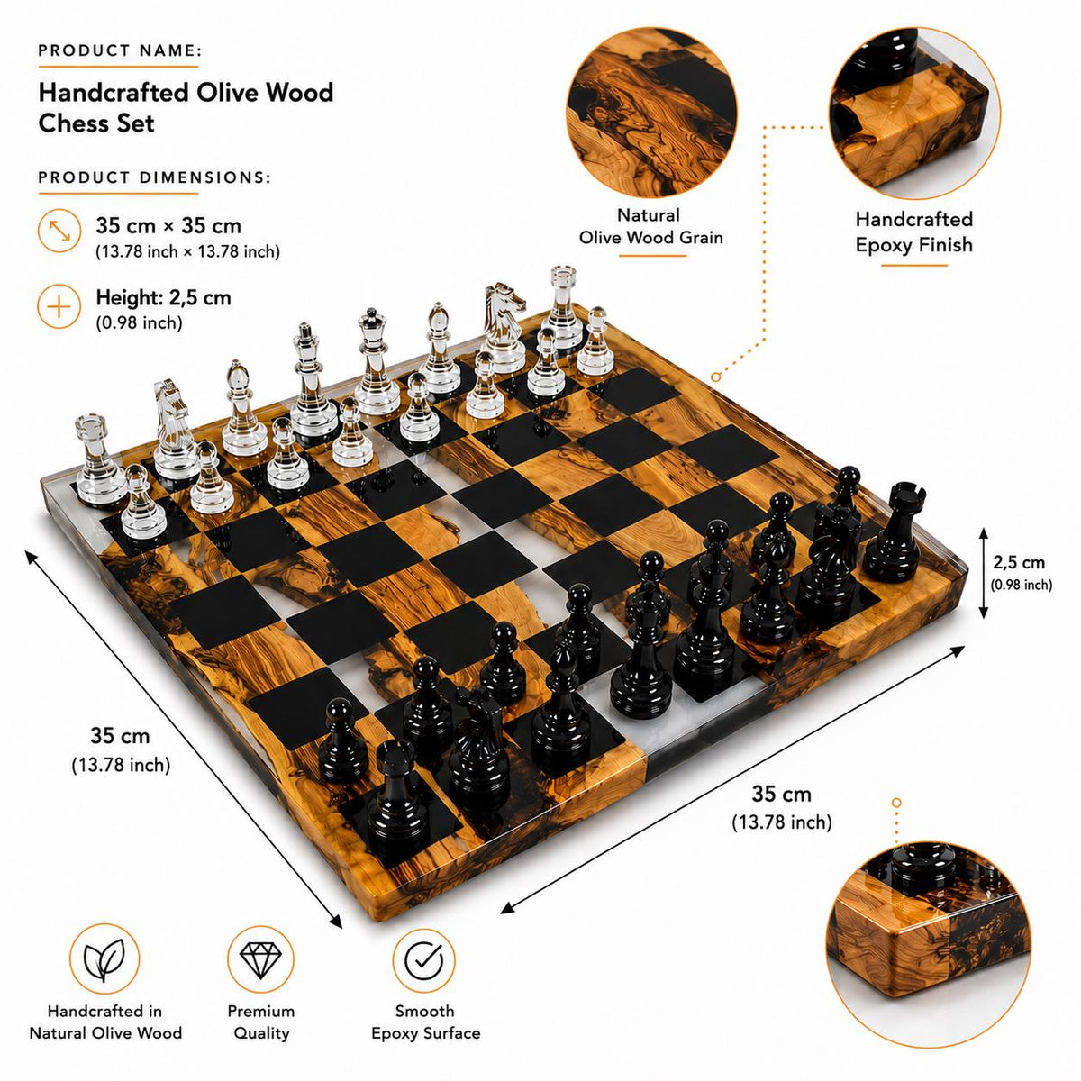 Handcrafted Olive Wood Chess Set with Black Epoxy Resin | Luxury Wooden Chess Board