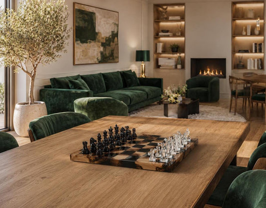 Handcrafted Olive Wood Chess Set with Black Epoxy Resin | Luxury Wooden Chess Board
