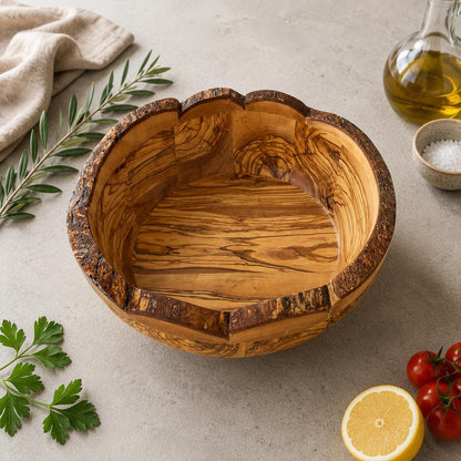 Handcrafted Olive Wood Bowl – Natural Form Rustic Serving Centerpiece – Mediterranean Kitchen Decor