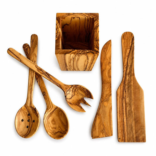 Handcrafted Olive Wood Kitchen Utensil Set, 6-Piece with Holder