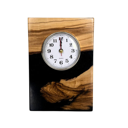 Epoxy Filled Olive Wood Desk Clock – Handcrafted Wooden Table Clock – Modern Rustic Office Decor
