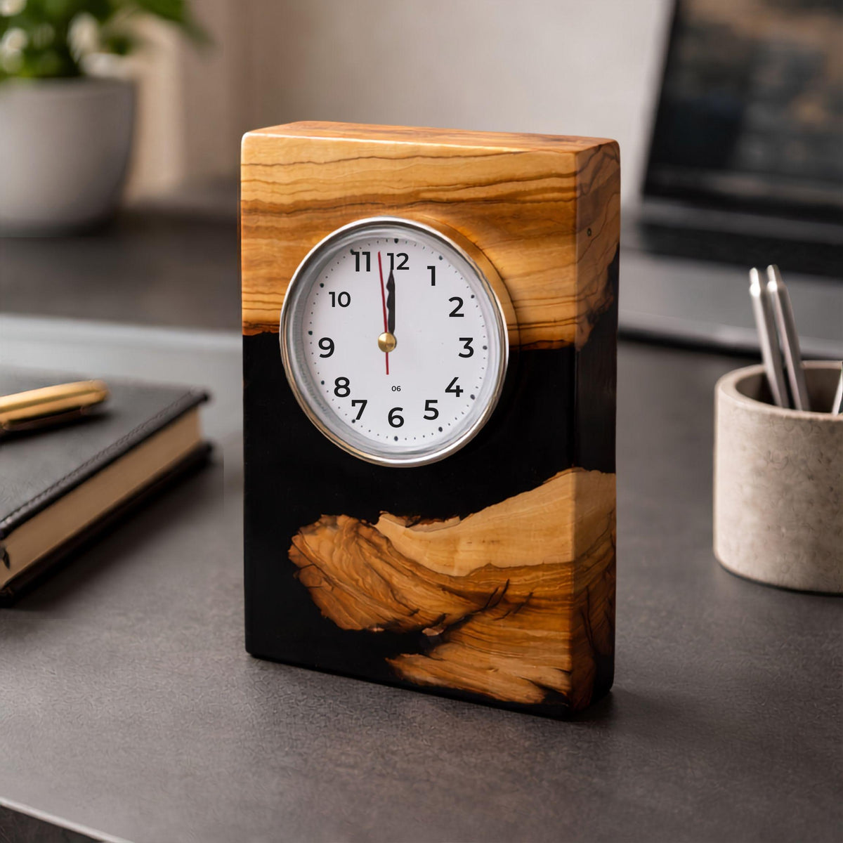Epoxy Filled Olive Wood Desk Clock – Handcrafted Wooden Table Clock – Modern Rustic Office Decor