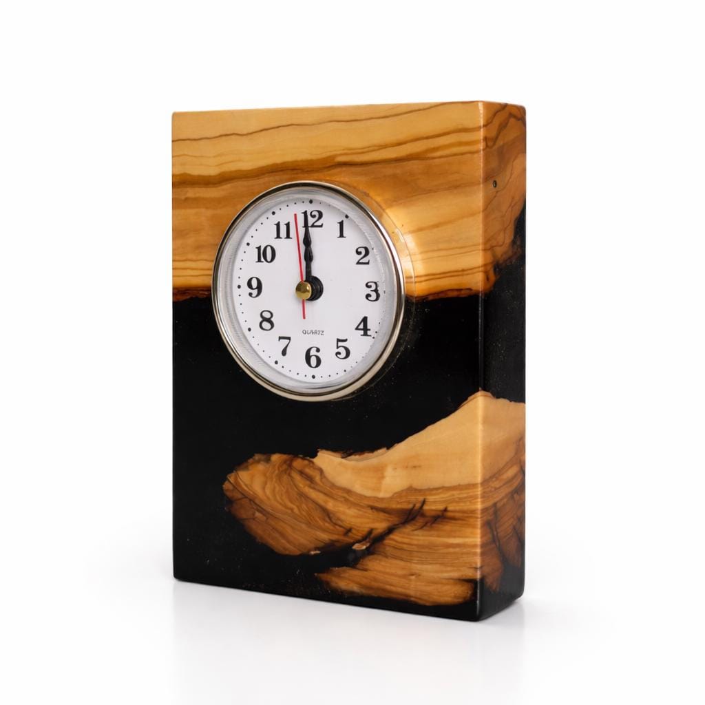 Epoxy Filled Olive Wood Desk Clock – Handcrafted Wooden Table Clock – Modern Rustic Office Decor