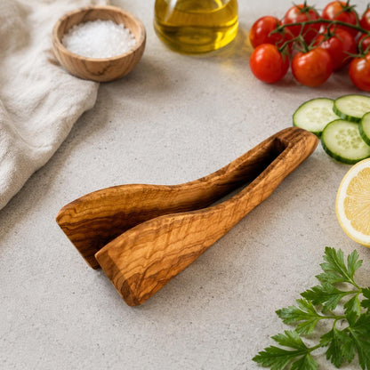 Artisan Olive Wood Kitchen Tongs, Anti-bacterial Serving Utensil