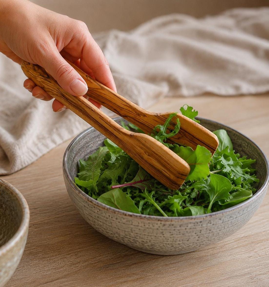 Artisan Olive Wood Kitchen Tongs, Anti-bacterial Serving Utensil