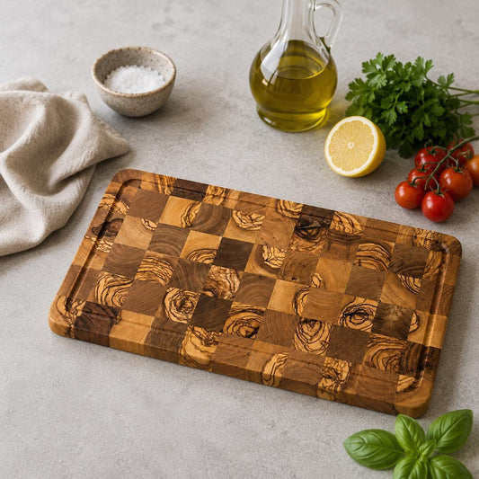 Olive Wood End Grain Cutting Board, Modern Puzzle Design