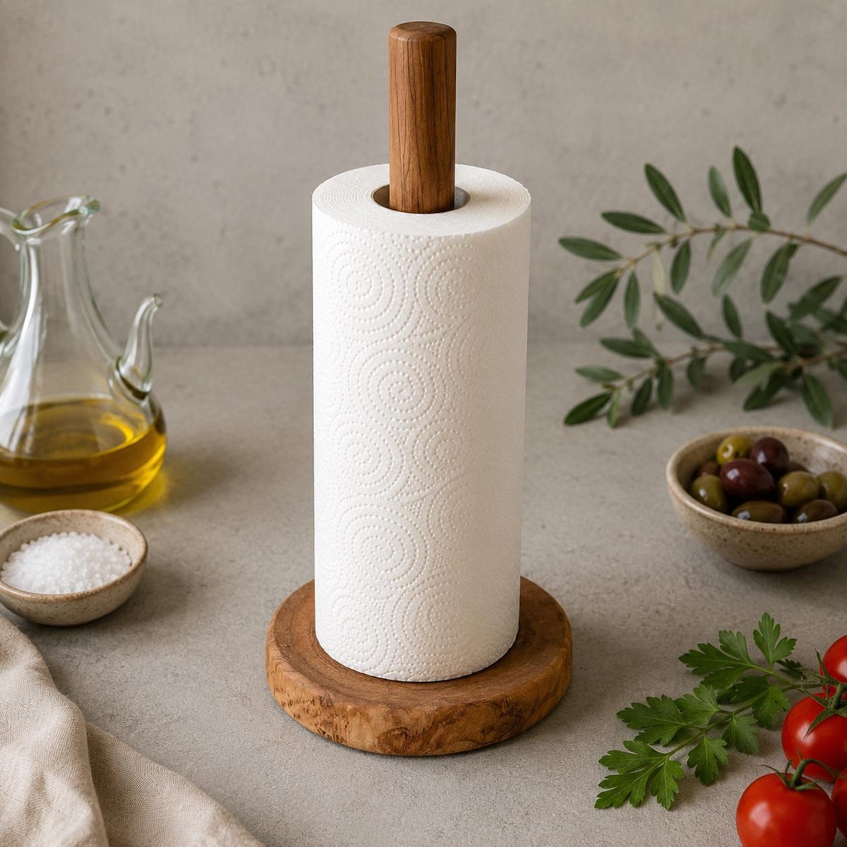 Handcrafted Olive Wood Paper Towel Holder – Rustic Farmhouse Kitchen Organizer