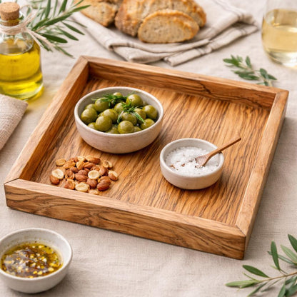Olive Wood Square Serving Tray 30×30×4 cm |  Handmade Rustic Kitchen Tray  | Sustainable Gift