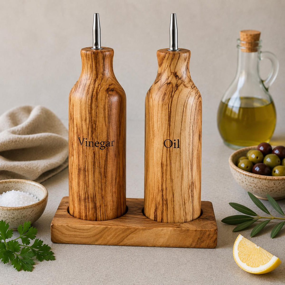 Personalized Olive Wood Oil & Vinegar Dispenser Set – Engraved Rustic Cruet