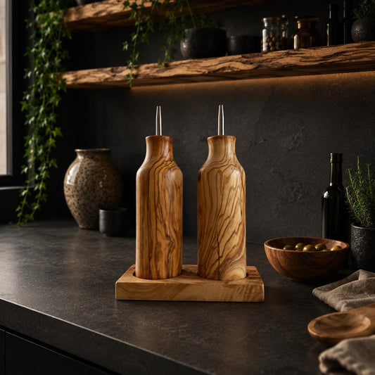 Personalized Olive Wood Oil & Vinegar Dispenser Set – Engraved Rustic Cruet