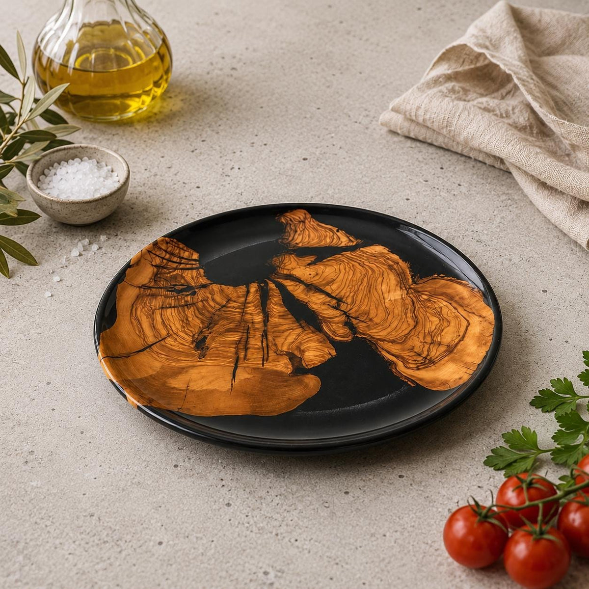 Olive Wood & Epoxy Decorative Serving Plate – Handcrafted Wooden Platter – Modern Rustic Table Decor – Unique Housewarming Gift