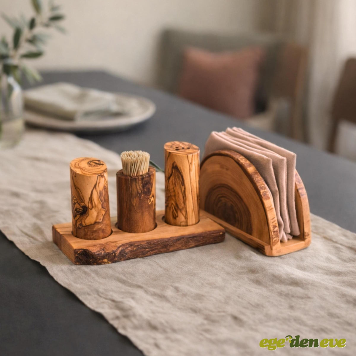 Olive Wood Salt and Pepper Shaker with Napkin Holder | Natural Wooden Table Set