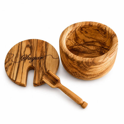 Personalized Olive Wood Salt Bowl with Spoon and Lid