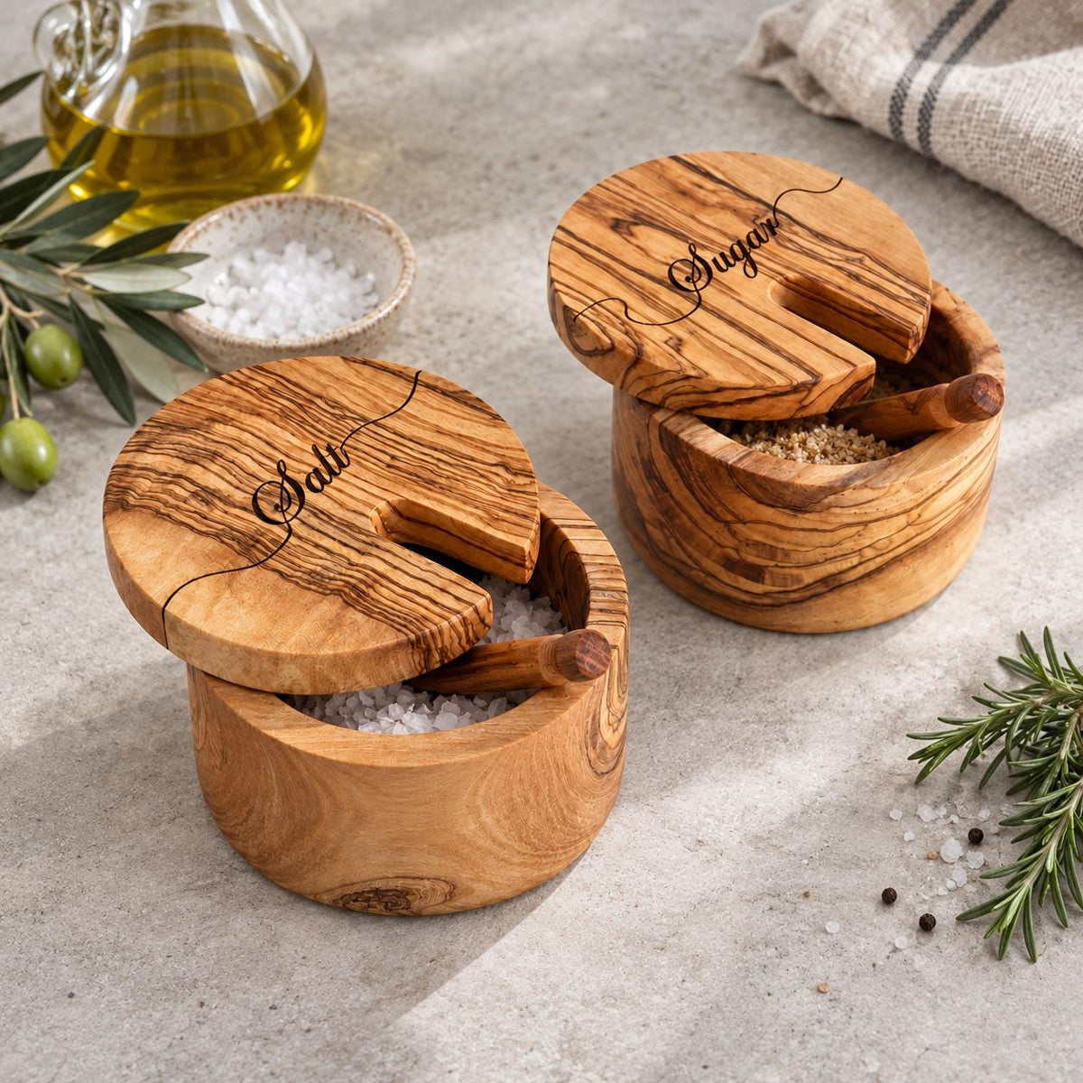 Personalized Olive Wood Spice Bowl with Spoon, Hand-Carved Salt Cellar