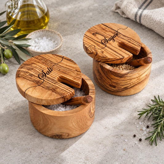 Personalized Olive Wood Spice Bowl with Spoon, Hand-Carved Salt Cellar