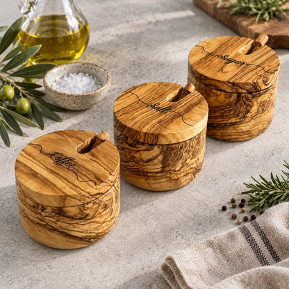 Personalized Olive Wooden Spice Bowl Set | Salt , Sugar Bowl with Spoon